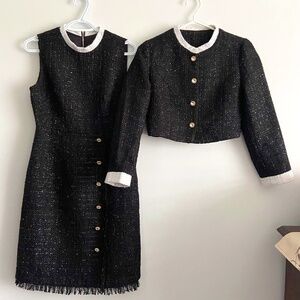 TWO PIECE MATCHING SET TWEED QUIET LUXURY FEMININE CLASSY BLACK & WHITE FRINGE